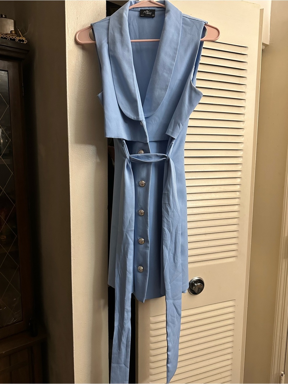 Sleeveless Light Blue Button-Front Tie-Waist Dress